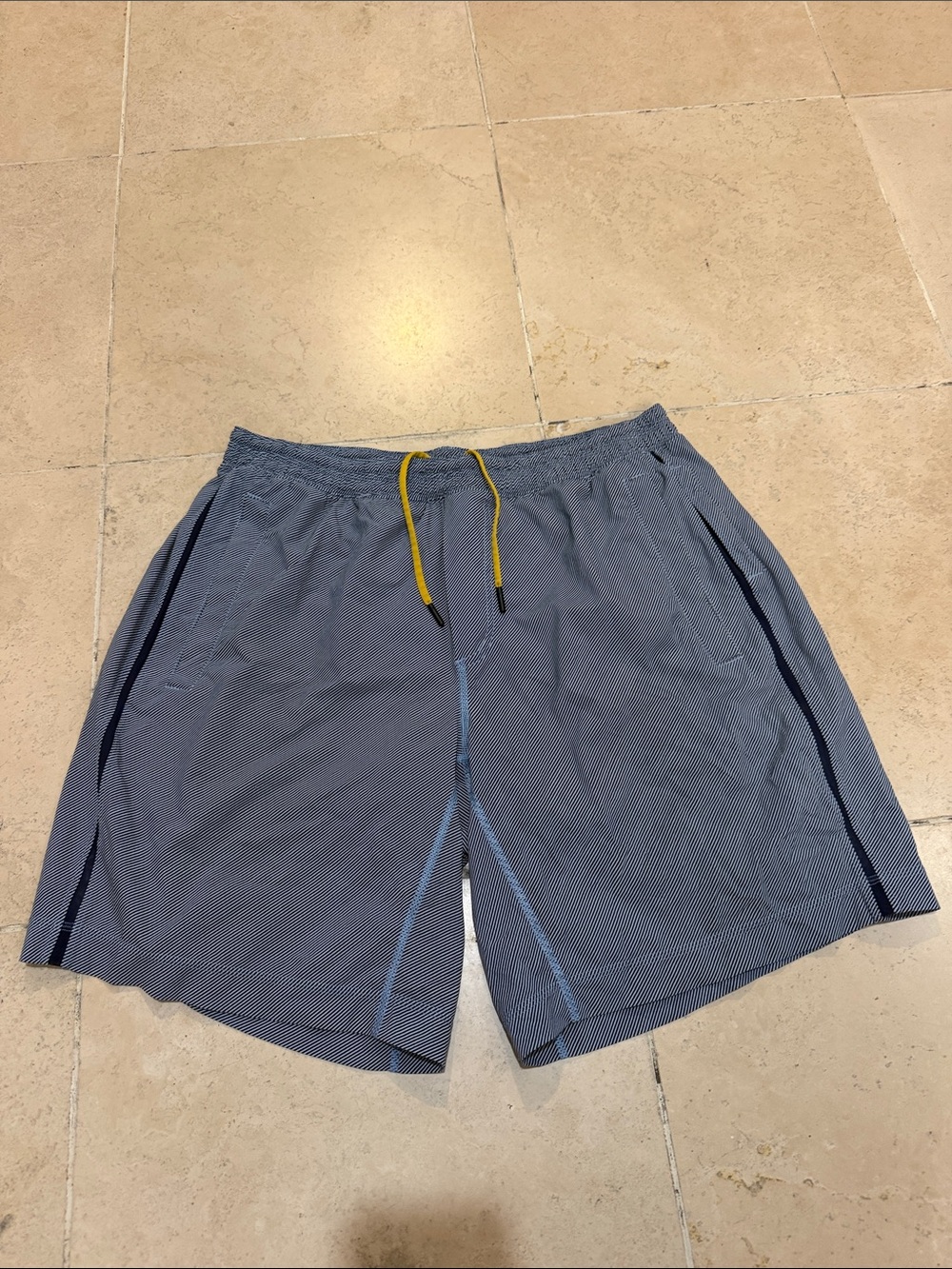 lululemon athletica Navy Pinstripe Athletic Shorts with Yellow Drawcord